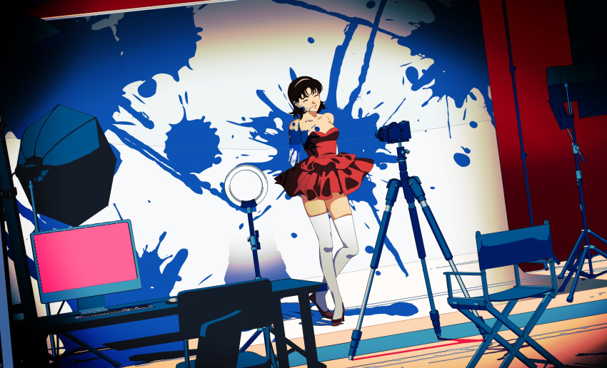 absurdres arms_behind_back backdrop black_hair blood blood_on_arm blood_on_face blood_splatter blue_blood chair closed_eyes commentary desk director's_chair dress dutch_angle edoya_inuhachi female full_body hairband head_tilt highres indoors kirigoe_mima looking_at_viewer monitor perfect_blue red_background red_dress reflector_(photography) ring_light short_hair smile solo strapless strapless_dress symbol-only_commentary thighhighs video_camera white_thighhighs yellow_hairband