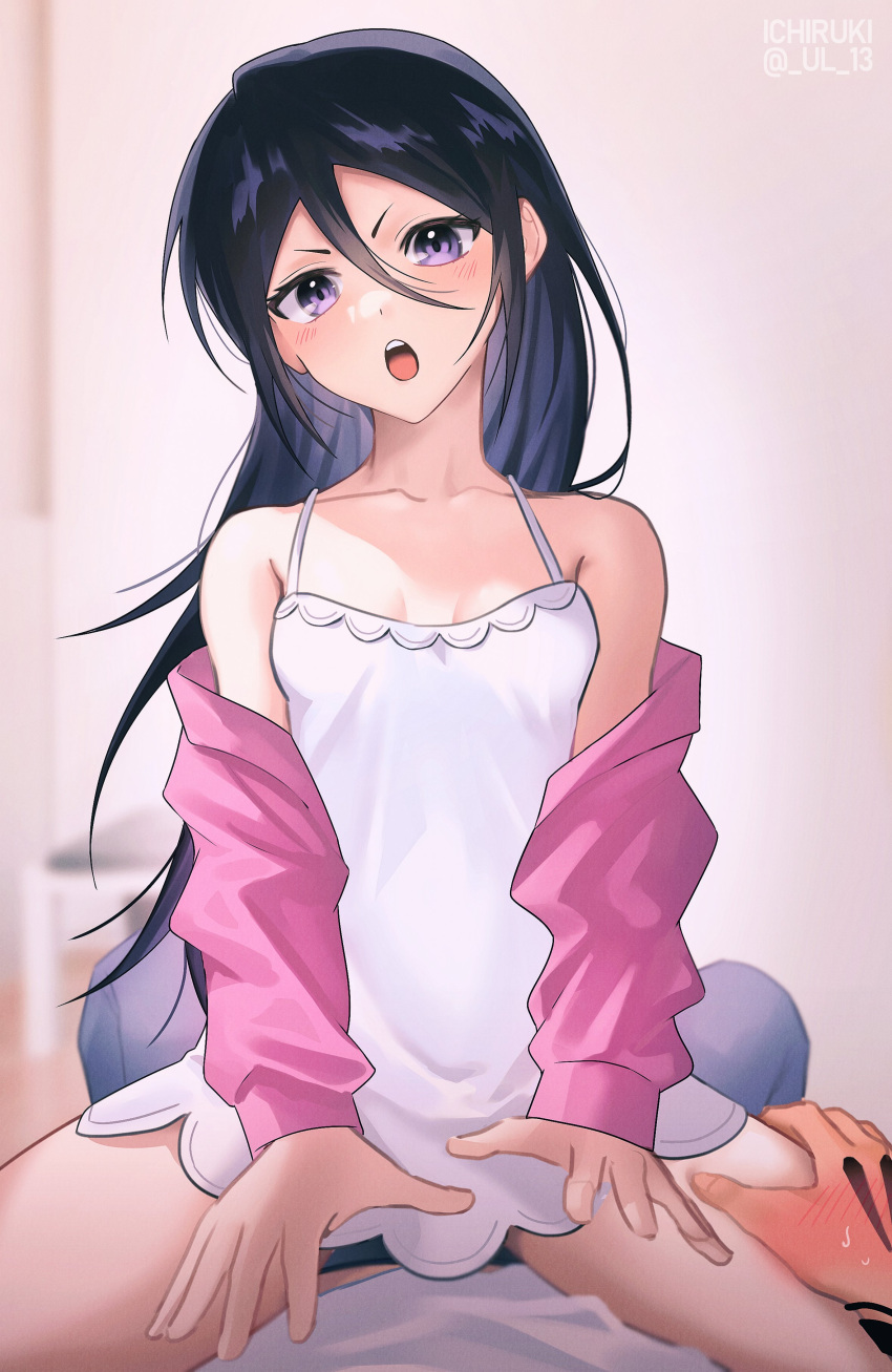 1boy absurdres black_hair bleach bleach:_epilogue blush breasts camisole commentary_request female frilled_camisole frills gwao_(_ul_13) hair_between_eyes highres korean_commentary kuchiki_rukia long_hair looking_at_viewer official_alternate_hair_length official_alternate_hairstyle open_mouth purple_eyes small_breasts