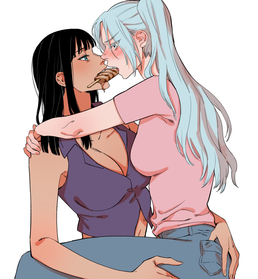 2girls age_difference bare_arms bare_shoulders black_hair blue_eyes blue_hair blue_pants blunt_bangs blush breasts cleavage crop_top dark-skinned_female dark_skin denim ear_blush expressionless eye_contact food from_side furrowed_brow half-closed_eyes hand_on_another's_ass hand_on_another's_thigh highres ice_cream jeans light_smile looking_at_another medium_breasts medium_hair multiple_girls nape nefertari_vivi nico_robin nose one_piece onti999 pants pink_shirt popsicle shirt short_sleeves simple_background sleeveless teeth upper_teeth_only v-neck white_background yuri