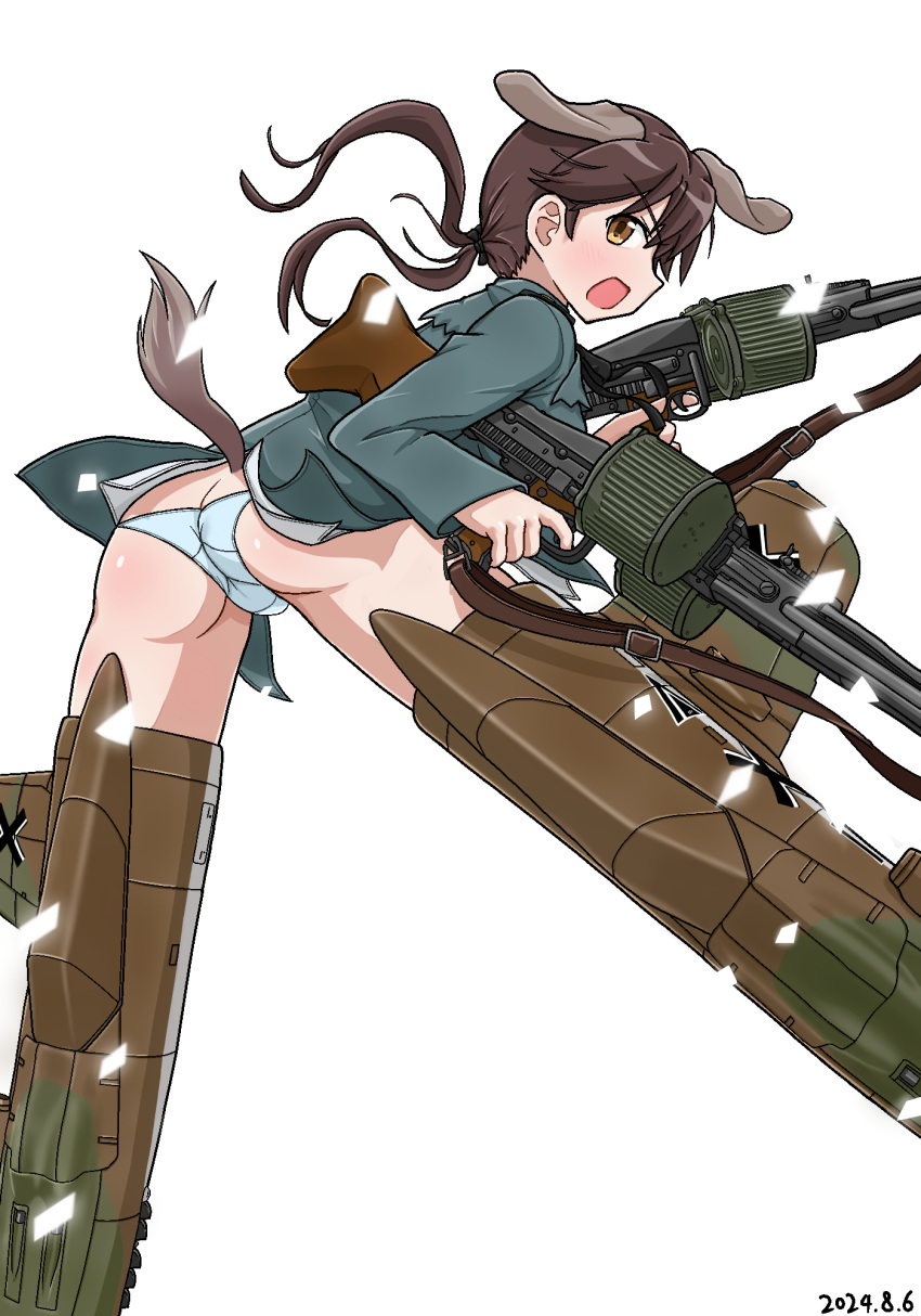 animal_ears ass blush brown_eyes brown_hair butt_crack crotch dog_ears dog_tail female flying gertrud_barkhorn gun highres long_hair looking_at_viewer military_uniform open_mouth panties rifle solo strike_witches striker_unit tail twintails underwear uniform unuse weapon white_panties world_witches_series