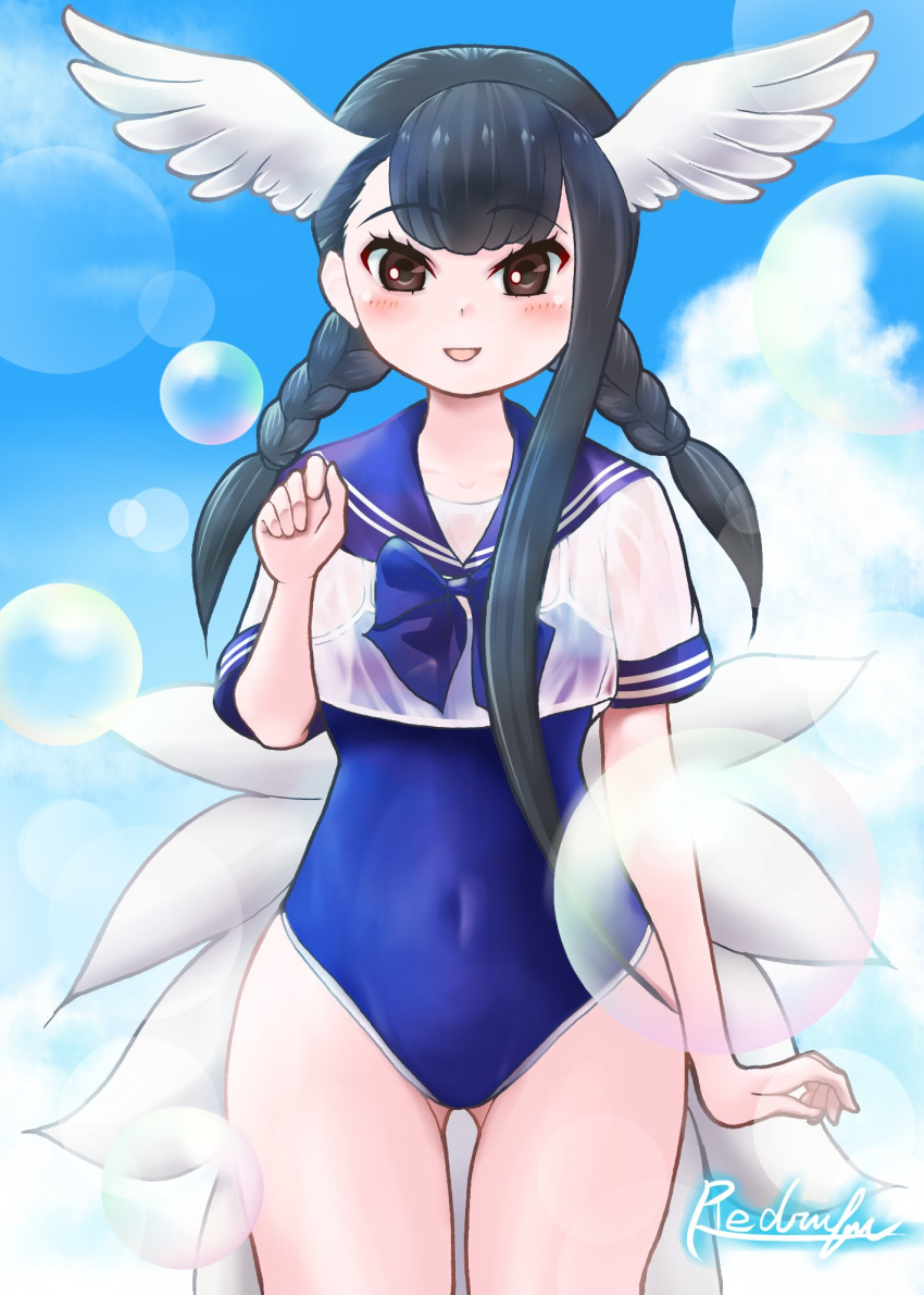 bare_legs bird_girl bird_tail bird_wings black-headed_ibis_(kemono_friends) black_hair blue_bow blue_bowtie blue_one-piece_swimsuit blue_trim blush bow bowtie braid brown_eyes cowboy_shot female head_wings highres kemono_friends long_hair looking_at_viewer navel one-piece_swimsuit open_mouth redrufu2000 sailor_collar school_uniform see-through serafuku shirt short_sleeves sidelocks smile solo swimsuit t-shirt tail twin_braids white_shirt wings