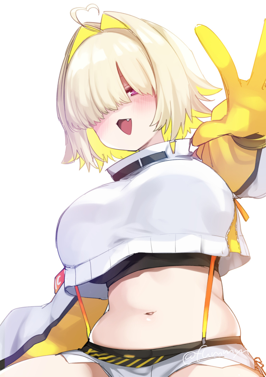 :3 ahoge black_shirt blonde_hair blush breasts commentary_request cropped_jacket female fummy gloves goddess_of_victory:_nikke hair_intakes hair_over_one_eye heart heart_ahoge highres large_breasts long_sleeves looking_at_viewer medium_hair navel oerba_yun_fang open_mouth plump purple_eyes shirt shorts simple_background sitting smile solo white_background white_shorts yellow_gloves