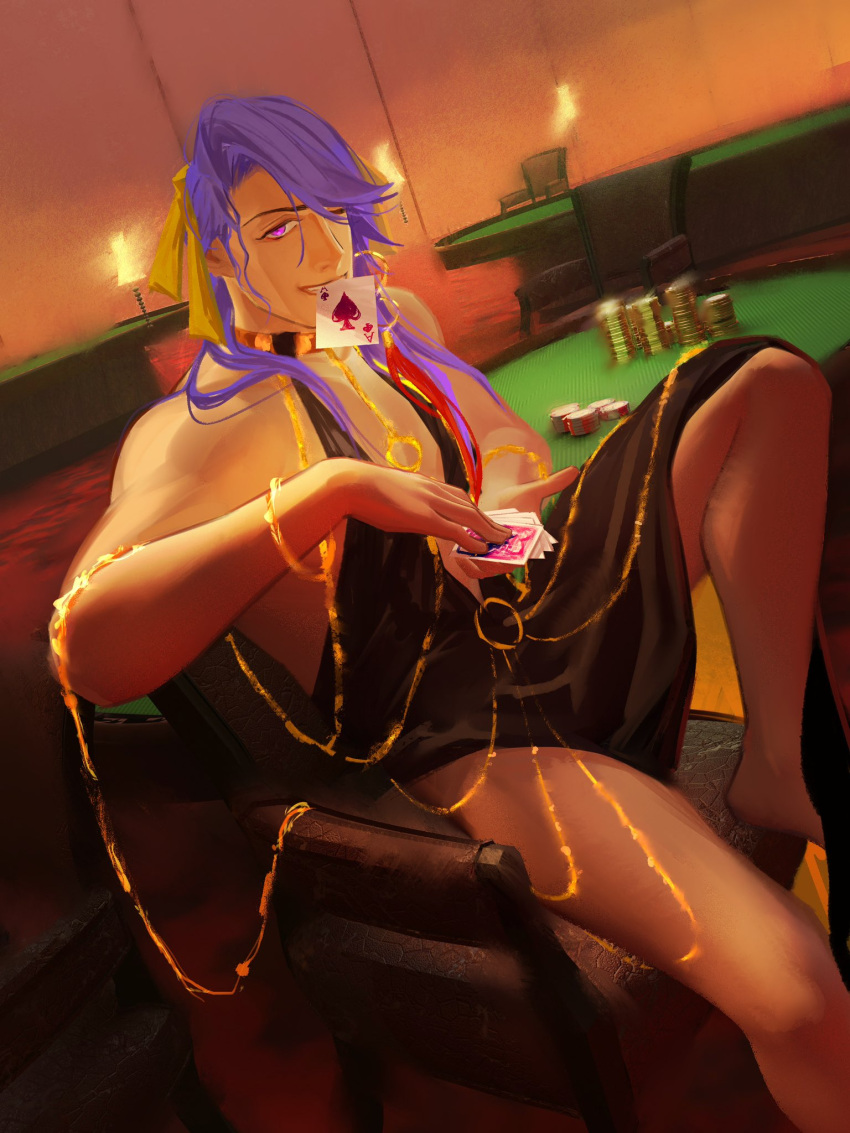 1boy bara bb_dubai_(fate) bb_dubai_(fate)_(cosplay) black_dress braided_hair_rings card_in_mouth cosplay crossdressing dress duryodhana_(fate) dutch_angle earrings fabulous facial_hair fate/grand_order fate_(series) feet_out_of_frame glint goatee goatee_stubble hair_ribbon highres jewelry large_pectorals long_hair looking_at_viewer male_focus mature_male mouth_hold muscular muscular_male nekooomata_(kunnn_n) on_chair pectorals photo-referenced poker_chip poker_table purple_eyes purple_hair ribbon smile solo standing stubble table thick_eyebrows yellow_ribbon