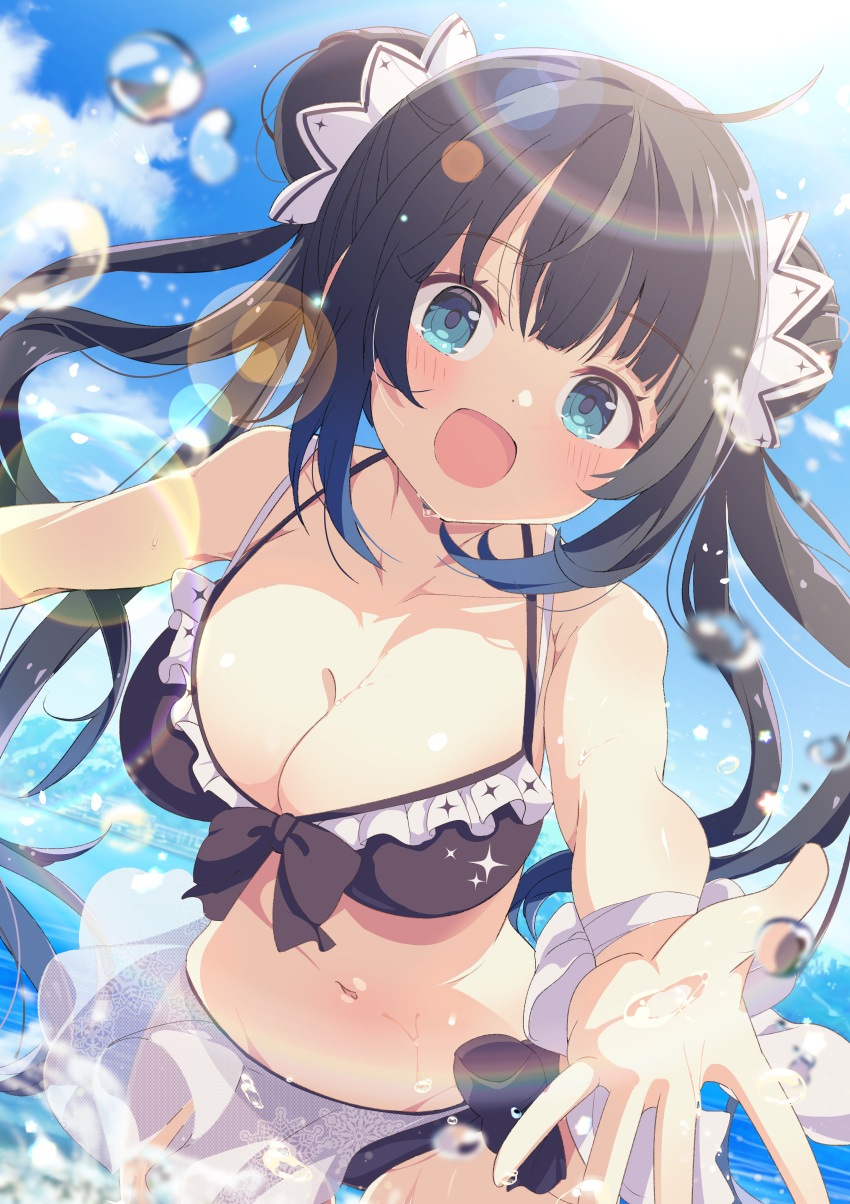 :d absurdres aqua_eyes ass_visible_through_thighs bikini black_bikini black_hair blue_sky blush breasts cleavage cloud collarbone commentary_request commission day female frilled_bikini frills highres large_breasts lens_flare long_hair looking_at_viewer mountainous_horizon navel open_mouth original outdoors shiro9jira sidelocks skeb_commission sky smile solo splashing summer swimsuit twintails water_drop wet