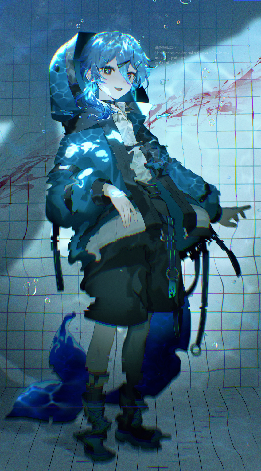 absurdres artist_name black_shorts blood blood_splatter blue_hair blue_jacket character_request check_copyright collared_shirt commission copyright_request hair_between_eyes highres iriam iwai_ku_tsuki jacket looking_at_viewer medium_hair open_mouth pool shirt shorts skeb_commission solo symbol-shaped_pupils tail underwater virtual_youtuber