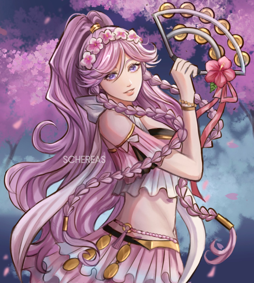 artist_name bikini cherry_blossoms commentary english_commentary female fire_emblem fire_emblem_awakening fire_emblem_heroes flower hair_flower hair_ornament highres holding lips long_hair looking_at_viewer midriff official_alternate_costume olivia_(fire_emblem) olivia_(summer)_(fire_emblem) parted_lips petals pink_bikini pink_flower pink_hair pink_lips ponytail purple_eyes schereas side_ponytail solo swimsuit very_long_hair