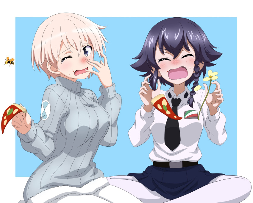 2girls anzio_school_uniform bee bee_sting black_hair black_necktie blonde_hair blue_eyes blush braid brave_witches breasts bug closed_eyes flower food girls_und_panzer highres key_(gaigaigai123) large_breasts miniskirt multiple_girls necktie nikka_edvardine_katajainen one_eye_closed open_mouth pantyhose pepperoni_(girls_und_panzer) pizza pizza_slice school_uniform short_hair skirt sweater tears white_pantyhose world_witches_series