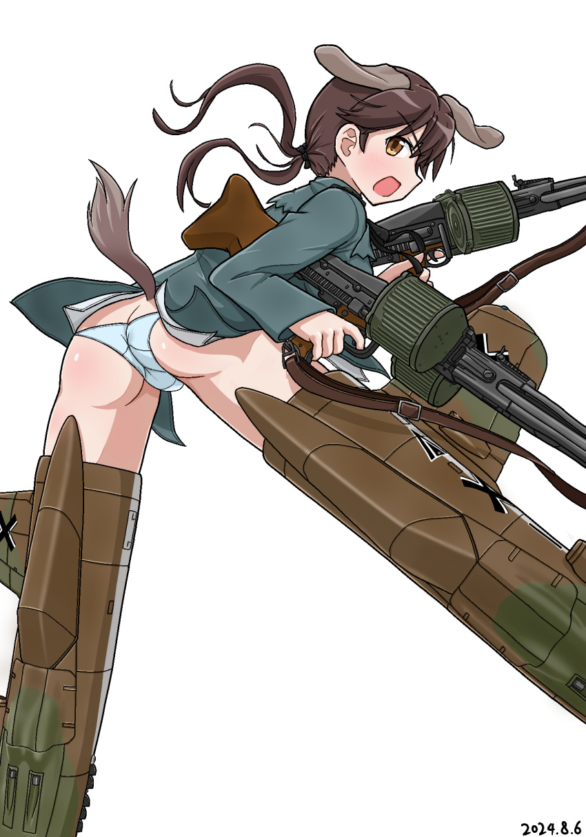 animal_ears ass blush brown_eyes brown_hair butt_crack crotch dog_ears dog_tail female flying gertrud_barkhorn gun highres long_hair looking_at_viewer military_uniform open_mouth panties rifle solo strike_witches striker_unit tail twintails underwear uniform unuse weapon white_panties world_witches_series