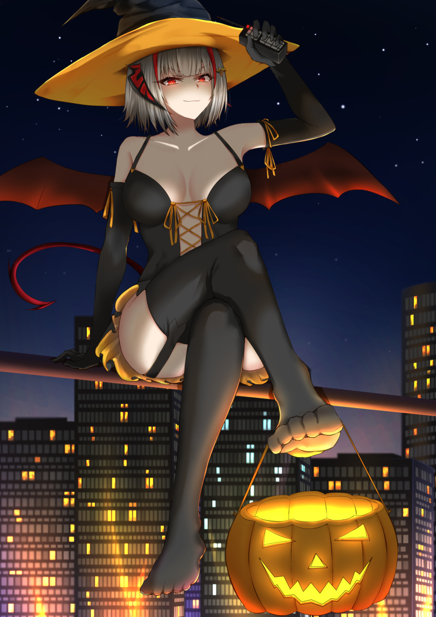 absurdres arknights black_thighhighs calvaires commentary crossed_legs demon_girl demon_horns demon_tail demon_wings fangs feet female garter_straps halloween halloween_costume hat highres horns lantern pumpkin red_eyes red_horns red_nails short_hair skirt soles solo symbol-only_commentary tail thighhighs w_(arknights) white_hair wings witch_hat