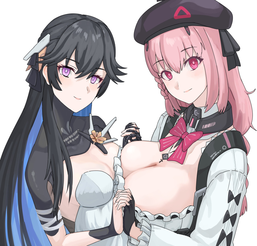 2girls absurdres asymmetrical_docking ayla:_brilliance_(punishing:_gray_raven) ayla_(punishing:_gray_raven) black_collar black_gloves black_hair black_headwear blue_hair braid breast_press breasts cleavage closed_mouth collar colored_inner_hair detached_collar dress fingerless_gloves gloves highres large_breasts long_hair long_sleeves looking_at_viewer mechanical_arms multicolored_hair multiple_girls neck_ribbon pink_eyes pink_hair pink_ribbon punishing:_gray_raven purple_eyes ribbon selena:_capriccio_(punishing:_gray_raven) selena_(punishing:_gray_raven) shirt side_braid sidelocks single_mechanical_arm small_breasts white_background white_dress white_shirt yagikan_(caru2338)