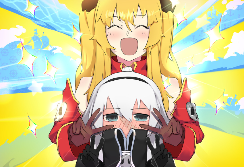 2girls anne_bonny_(fate) ascot bare_shoulders black_bow black_coat black_gloves blonde_hair blue_background blush bow breasts brown_gloves coat detached_collar detached_sleeves double_v emotional_engine_-_full_drive fate/grand_order fate_(series) gloves grey_eyes hair_between_eyes hairbow hands_up high_collar long_hair long_sleeves looking_at_viewer mary_read_(fate) multiple_girls nanao_(aoyamahikari) open_mouth parody pirate_ship short_hair skull small_breasts smile sparkle striped striped_background v very_long_hair waves wavy_hair white_ascot white_hair yellow_background