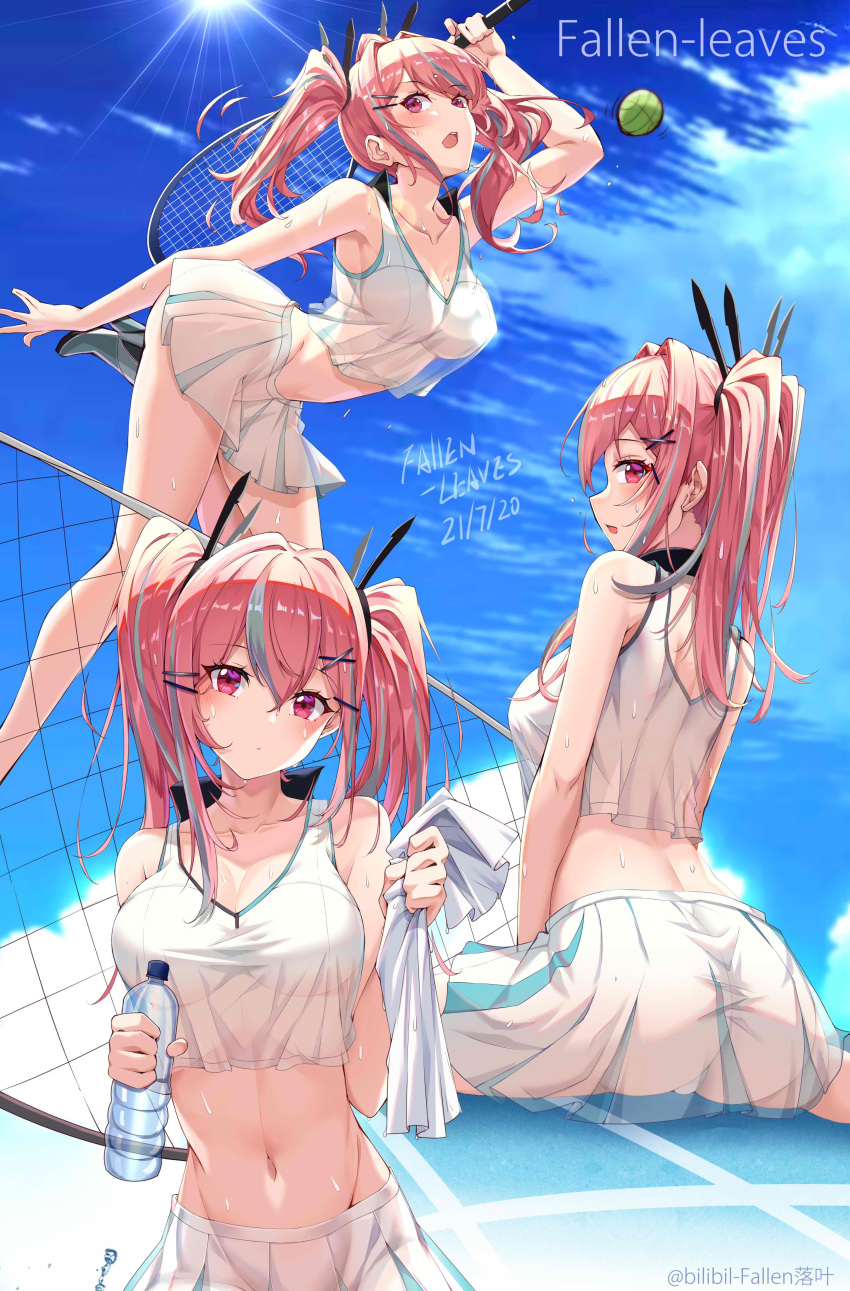 absurdres artist_name ass azur_lane ball blue_sky blush bottle breasts bremerton_(azur_lane) bremerton_(scorching-hot_training)_(azur_lane) cleavage closed_mouth cloud collarbone cowboy_shot crop_top dated fallen-leaves female from_above hair_ornament hairclip highres holding holding_bottle holding_towel jumping large_breasts long_hair looking_at_viewer looking_back midriff multicolored_hair multiple_views navel net official_alternate_costume open_mouth panties pantyshot pink_eyes pink_hair playing_sports racket see-through sitting skirt sky sportswear streaked_hair sunlight sweat tennis_ball tennis_net tennis_racket tennis_uniform towel twintails underwear water_bottle wet