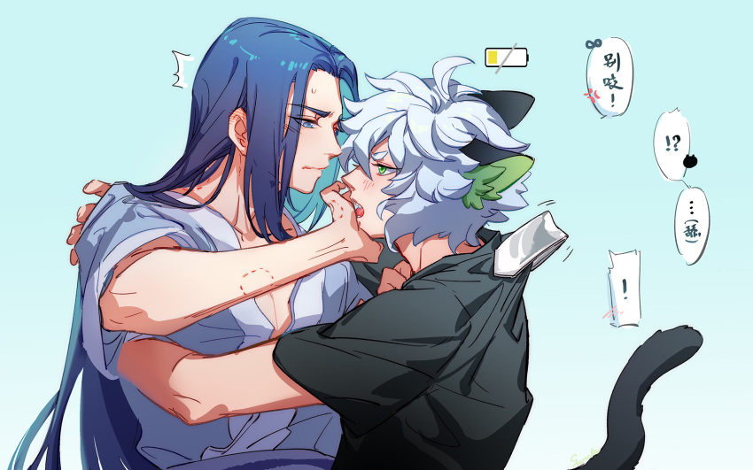 2boys aged_up animal_ears bite_mark black_shirt blue_eyes cat_boy cat_ears cat_tail green_eyes grey_robe highres hug luo_xiaohei luo_xiaohei_(human) luo_xiaohei_zhanji male_focus multiple_boys open_mouth profile robe shirt short_sleeves speech_bubble suncle tail upper_body wuxian_(the_legend_of_luoxiaohei) yaoi