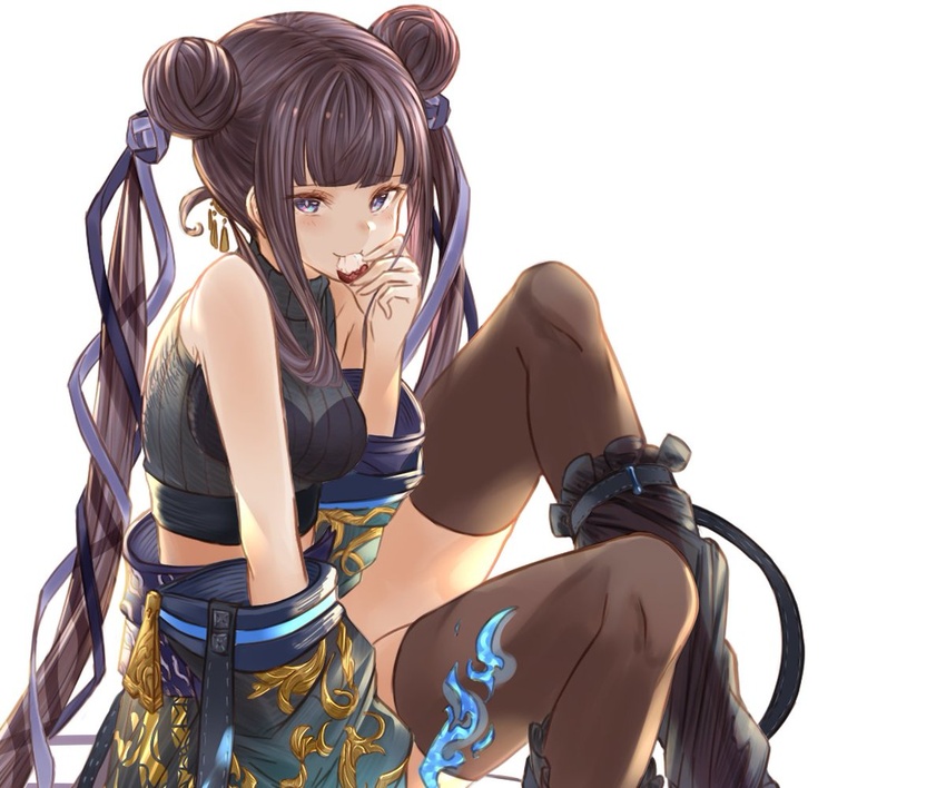 alternate_costume bare_shoulders black_dress black_shirt black_thighhighs blue_eyes blunt_bangs blush breasts crop_top detached_sleeves double_bun dress fate/grand_order fate_(series) female hair_bun knees_up large_breasts long_hair looking_at_viewer lychee midriff purple_hair shirt sidelocks simple_background sleeveless sleeveless_shirt smile solo thighhighs twintails very_long_hair white_background yang_guifei_(fate) yatsuka_(846)