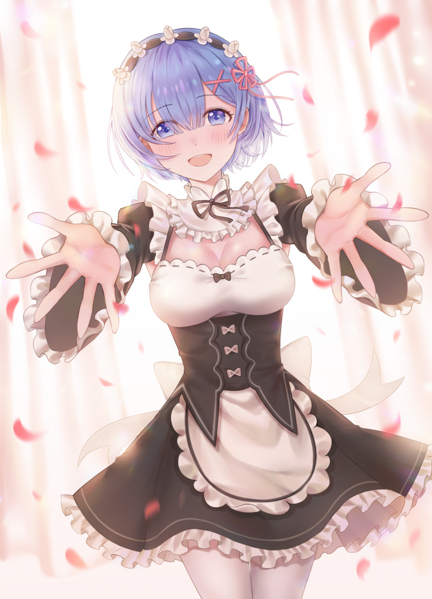 blue_eyes blue_hair blush breasts cleavage commentary dress female frills hair_ornament hair_over_one_eye hair_ribbon highres looking_at_viewer maid maid_headdress medium_breasts open_mouth pink_ribbon re:zero_kara_hajimeru_isekai_seikatsu rem_(re:zero) ribbon roswaal_mansion_maid_uniform short_hair smile solo thighhighs ubi_(ekdus6080) white_thighhighs x_hair_ornament