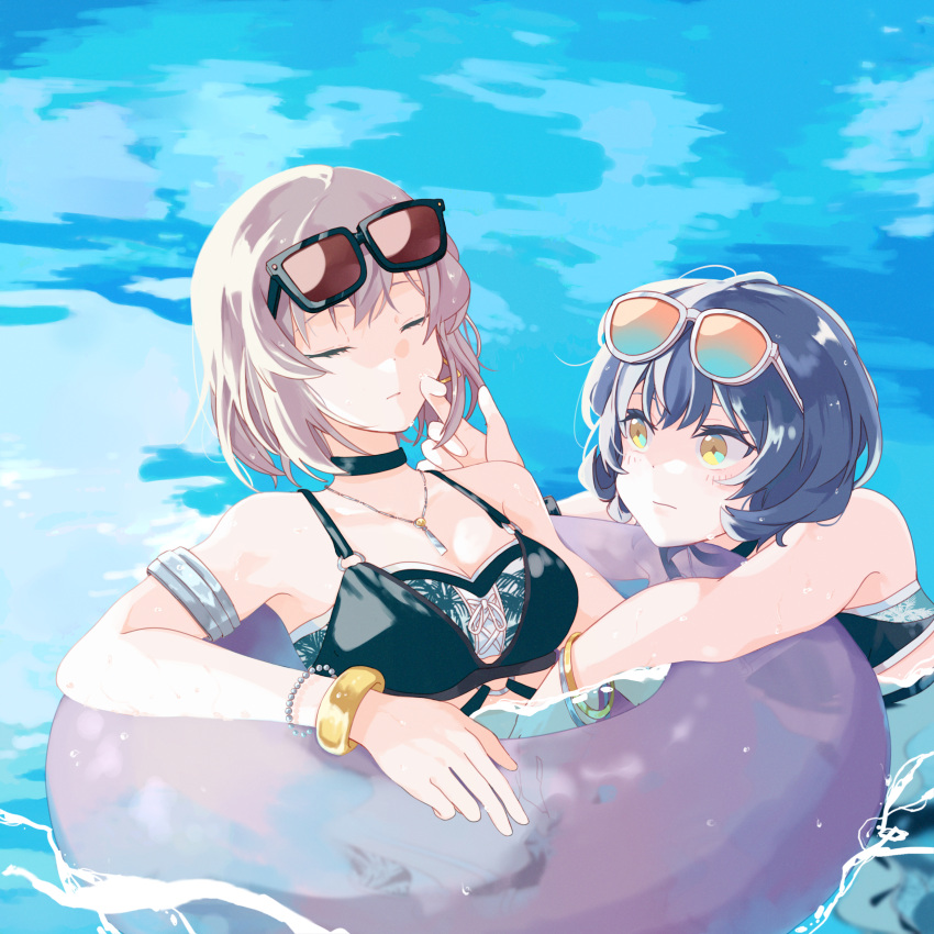 2girls absurdres afloat armlet bikini black-framed_eyewear black_bikini black_choker bob_cut bracelet breasts choker cleavage closed_eyes closed_mouth dot_nose eyewear_on_head facing_viewer grey_hair hair_between_eyes hand_on_another's_cheek hand_on_another's_face highres idoly_pride igawa_aoi innertube jewelry kanzaki_rio long_bangs looking_at_another medium_breasts multiple_girls partially_submerged pendant red-tinted_eyewear short_hair sidelocks sunglasses swim_ring swimsuit tinted_eyewear upper_body watanuki_(enu) water yellow_eyes yuri