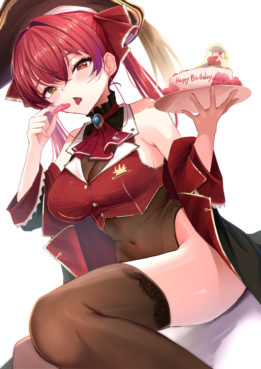 absurdres ascot birthday_cake blush breasts brown_thighhighs cake cake_slice coat cropped_vest eating female food gold_trim happy_birthday hat heart heterochromia highres hinoki_kahun0 holding holding_plate hololive houshou_marine houshou_marine_(1st_costume) large_breasts leotard long_hair no_eyepatch off_shoulder pirate_hat plate red_ascot red_eyes red_hair red_vest simple_background sitting solo thighhighs thighs tongue tongue_out twintails vest virtual_youtuber white_background yellow_eyes