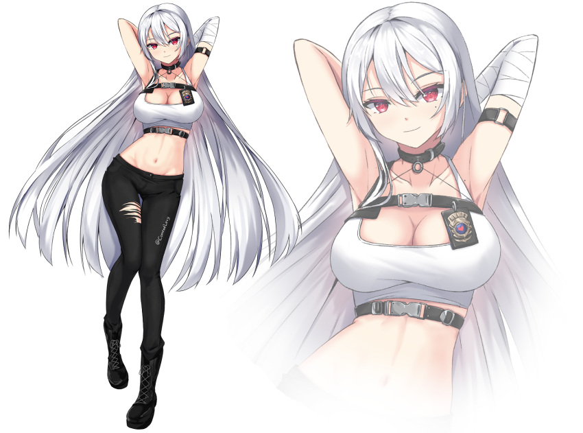 armpits azur_lane bandaged_arm bandages bare_shoulders black_gloves black_pants blush boots breasts chest_strap choker cleavage crop_top cross-laced_footwear female full_body gloves hair_between_eyes lace-up_boots large_breasts levy_(comradlevy) long_hair looking_at_viewer mole mole_under_eye multiple_views navel official_alternate_costume pants police police_badge police_uniform policewoman red_eyes shirt simple_background smile sovetskaya_rossiya_(azur_lane) sovetskaya_rossiya_(the_lackadaisical_lookout)_(azur_lane) torn_clothes uniform white_background white_hair zoom_layer