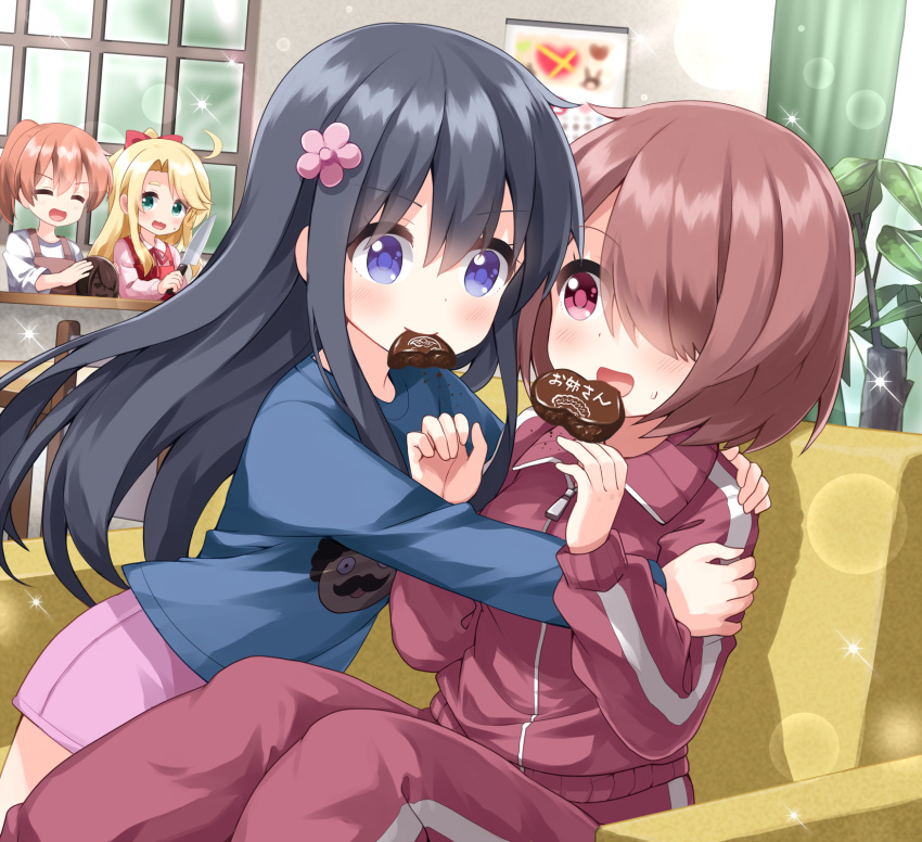 4girls :d ahoge black_hair blonde_hair blue_eyes blue_shirt bow brown_hair candy character_print chocolate closed_eyes commentary_request double-parted_bangs flower food food_in_mouth green_eyes hair_between_eyes hair_flower hair_ornament hair_over_one_eye hairbow heart heart-shaped_chocolate higero_(wataten) highres himesaka_noa holding holding_knife hoshino_hinata hoshino_miyako_(wataten) hug indoors jacket knife long_hair long_sleeves mouth_hold multiple_girls one_eye_covered open_mouth pants pink_flower pink_skirt print_shirt red_bow red_eyes red_jacket red_pants red_track_suit ruu_(tksymkw) shirosaki_hana shirt short_hair sitting skirt smile track_jacket track_pants track_suit valentine watashi_ni_tenshi_ga_maiorita! zipper_pull_tab