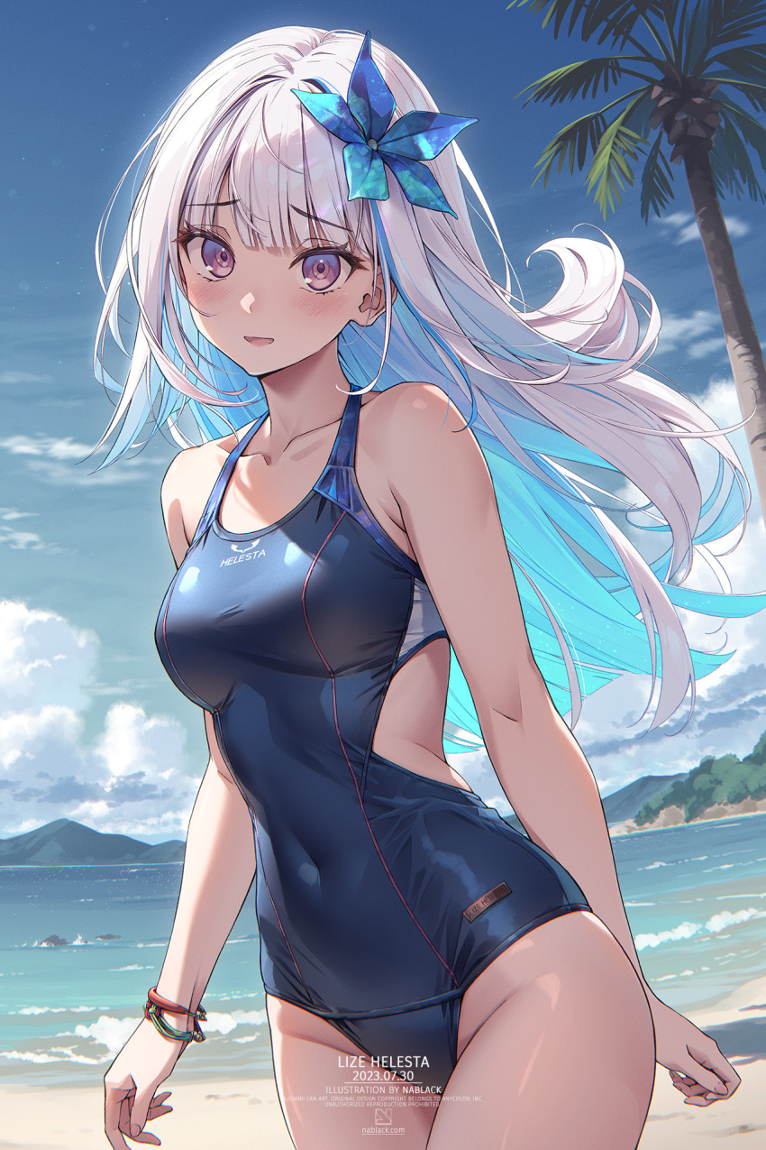 aqua_hair armpit_crease artist_name back_cutout bare_shoulders beach blue_one-piece_swimsuit blue_sky blunt_bangs blush bracelet breasts character_name clothing_cutout cloud coconut_tree collarbone colored_inner_hair cowboy_shot dated english_text female flower groin hair_flower hair_ornament halterneck highres impossible_clothes jewelry kuro-kun_(nablack) lize_helesta long_hair looking_at_viewer medium_breasts mountainous_horizon multicolored_hair nijisanji ocean one-piece_swimsuit open_mouth outdoors palm_tree purple_eyes school_swimsuit sidelocks sky smile solo standing swimsuit tree virtual_youtuber waist_cutout white_hair