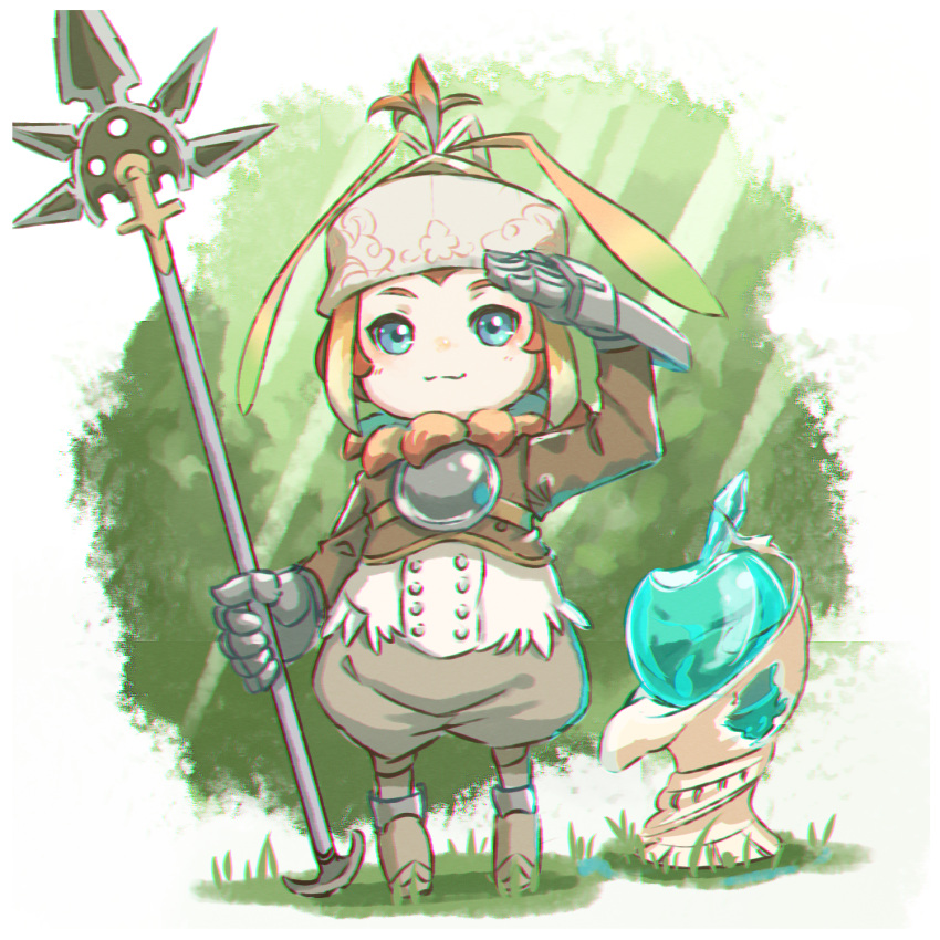 arm_up blue_eyes blush brown_hair brown_hat brown_jacket brown_pants closed_mouth commentary_request female final_fantasy final_fantasy_crystal_chronicles full_body gauntlets hat highres holding holding_polearm holding_weapon jacket kuro_kosyou lilty looking_at_viewer pants polearm salute smile solo spear standing weapon