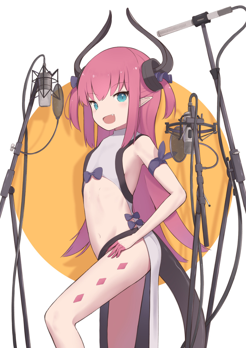 absurdres dragon_girl dragon_horns dragon_tail elizabeth_bathory_(fate) elizabeth_bathory_(fate/extra_ccc) fate/extra fate/grand_order fate_(series) female flat_chest green_eyes highres horns long_hair microphone open_mouth pointy_ears purple_hair shirt smile solo tail white_shirt yomogi_uehara