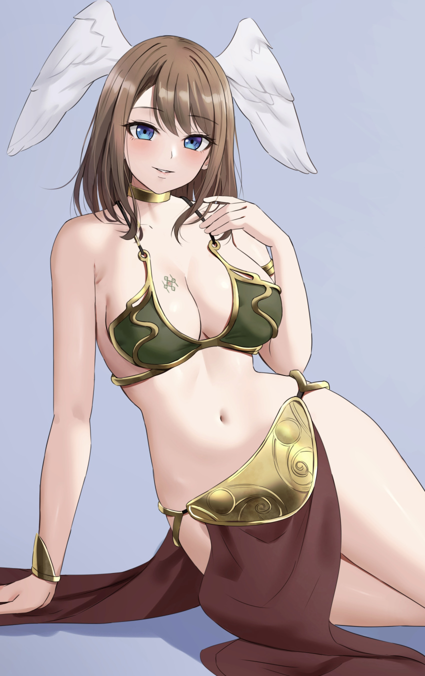 absurdres amayo_thranana arm_up blue_eyes breast_tattoo breasts brown_hair cleavage commentary_request commission cosplay eunie_(xenoblade) female head_wings highres large_breasts looking_at_viewer medium_hair metal_bikini navel parted_lips pelvic_curtain princess_leia_organa_solo princess_leia_organa_solo_(cosplay) simple_background skeb_commission smile solo star_wars star_wars:_return_of_the_jedi stomach tattoo white_wings wings xenoblade_chronicles_(series) xenoblade_chronicles_3