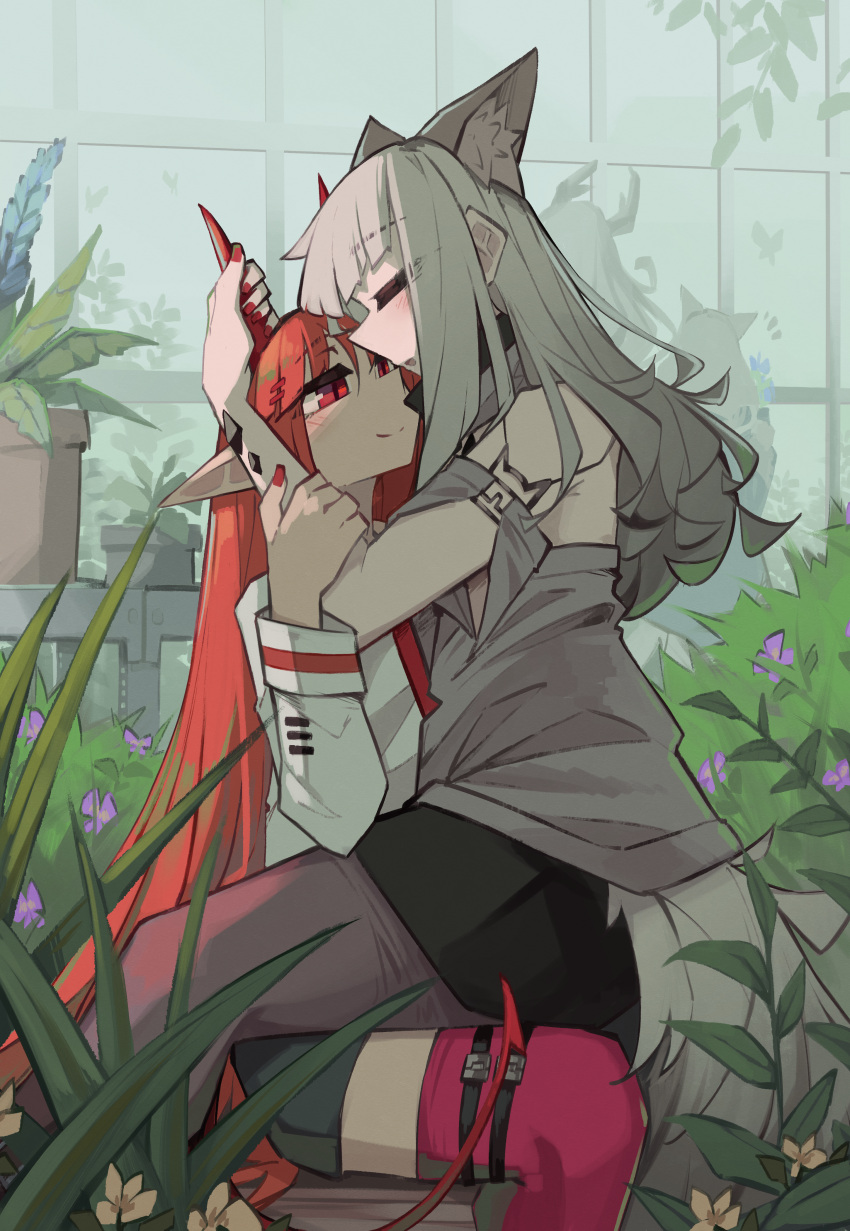 4girls absurdres animal_ears arknights black_pantyhose black_skirt blue_flower blush closed_eyes commentary couple demon_girl demon_horns demon_tail english_commentary flower flower_pot fox_ears fox_girl fox_tail frostleaf_(arknights) greenhouse grey_hair grey_shirt highres horn_grab horns indoors long_hair material_growth matoimaru_(arknights) multiple_girls muted_color necktie off-shoulder_shirt off_shoulder oripathy_lesion_(arknights) pantyhose pink_thighhighs plant podenco_(arknights) pointy_ears potted_plant purple_flower red_eyes red_hair red_nails red_necktie shirt short_sleeves sitting sitting_on_lap sitting_on_person skirt smile tail thighhighs togekk0 very_long_hair vigna_(arknights) white_shirt yellow_flower yuri