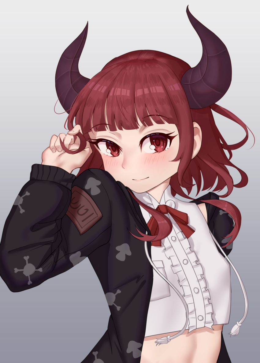 absurdres black_jacket blunt_bangs breasts commentary_request covered_nipples crop_top female food_print hand_in_own_hair highres horns jacket masamika10086 medium_hair midriff mushroom_print original red_eyes red_hair small_breasts smile solo upper_body variant_set