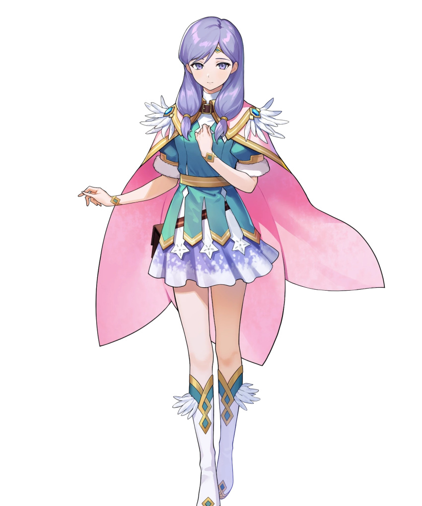 alternate_costume belt_pouch boots cape circlet closed_mouth dress feather_trim female fire_emblem fire_emblem:_radiant_dawn fire_emblem_heroes gold_trim gradient_clothes hair_ornament hand_on_own_chest hand_up highres ilyana_(fire_emblem) ilyana_(resplendent)_(fire_emblem) jewelry knee_boots long_hair looking_at_viewer non-web_source official_alternate_costume official_art pouch purple_eyes purple_hair short_dress short_sleeves skirt solo standing tachi-e transparent_background turtleneck urata_asao wrist_cuffs