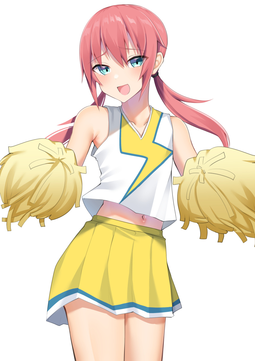 1boy aqua_eyes blush cheerleader collarbone cowboy_shot crossdressing highres holding holding_pom_poms inazuma_eleven_(series) kirino_ranmaru kitajima_yuuki long_hair looking_at_viewer male_focus miniskirt navel open_mouth otoko_no_ko pink_hair pleated_skirt pom_pom_(cheerleading) shirt simple_background skirt sleeveless sleeveless_shirt solo twintails two-tone_shirt variant_set white_background yellow_skirt