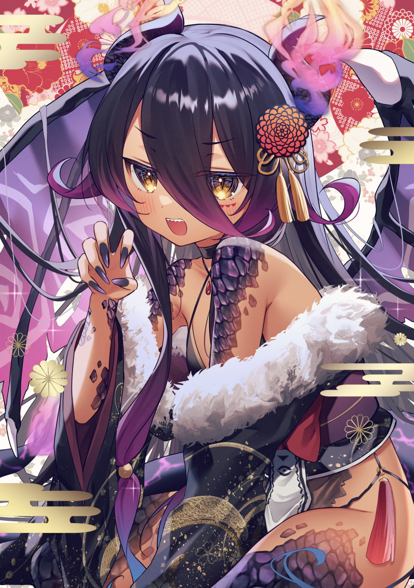 absurdres black_hair black_kimono blush claw_pose commentary_request dark-skinned_female dark_skin dragon_girl dragon_horns dragon_tail dragon_wings egasumi female fingernails fur_trim gradient_hair gyozanuko hair_between_eyes hair_ornament highres horns japanese_clothes kimono long_hair looking_at_viewer mauro_(monmusu_td) monster_girl monster_musume_td multicolored_hair obi open_mouth purple_hair sash scales sharp_fingernails sharp_teeth smile solo tail tassel teeth two-tone_hair upper_teeth_only wings yellow_eyes