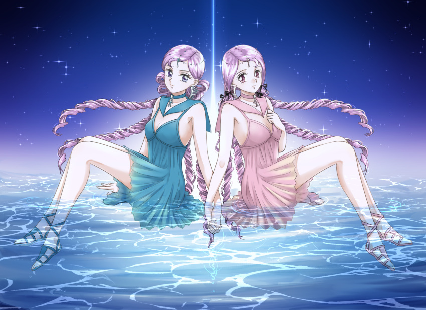 2girls bare_arms bare_legs bishoujo_senshi_sailor_moon bishoujo_senshi_sailor_moon_stars black_bow blue_background blue_choker blue_dress blue_eyes blue_footwear blue_sailor_collar bow breasts choker cleavage closed_mouth collarbone dress drill_hair expressionless full_body hair_rings hairbow highres long_hair looking_at_viewer magical_girl multiple_girls official_style partially_submerged pink_choker pink_dress pink_eyes pink_footwear pink_hair pink_sailor_collar sailor_collar sailor_lethe sailor_mnemosyne sailor_senshi sandals short_dress siblings sisters sitting sky small_breasts star_(sky) star_(symbol) star_choker starry_sky symmetry takeuchi_naoko_(style) twins water xenon_(xenon_selenium)