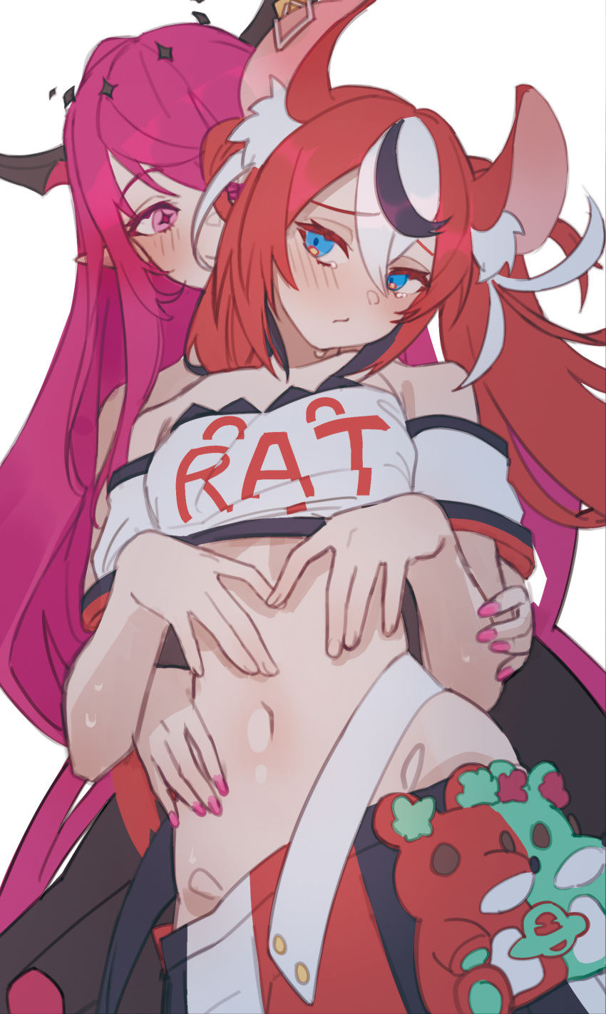 +_+ 2girls absurdres animal_ears bare_shoulders black_hair blue_eyes blush crop_top demon_horns grabbing grabbing_another's_arm grabbing_another's_stomach grabbing_from_behind hakos_baelz hakos_baelz_(1st_costume) halo highres hip_bones hololive hololive_english horns hoshirapu irys_(hololive) irys_(irys_2.0)_(hololive) long_hair mouse_ears mouse_girl multicolored_hair multiple_girls nail_polish navel pink_eyes pink_nails purple_hair red_hair red_skirt shirt skirt star_halo streaked_hair very_long_hair virtual_youtuber white_hair white_shirt yuri