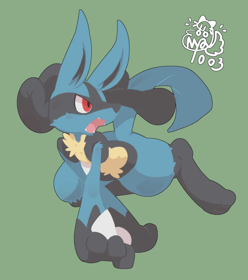 2019 absurd_res ambiguous_gender angry anthro black_body black_fur blue_body blue_fur fangs fur generation_4_pokemon hi_res lucario nintendo nyaswitchnya open_mouth pokemon pokemon_(species) red_eyes simple_background solo spikes spikes_(anatomy) tail teeth