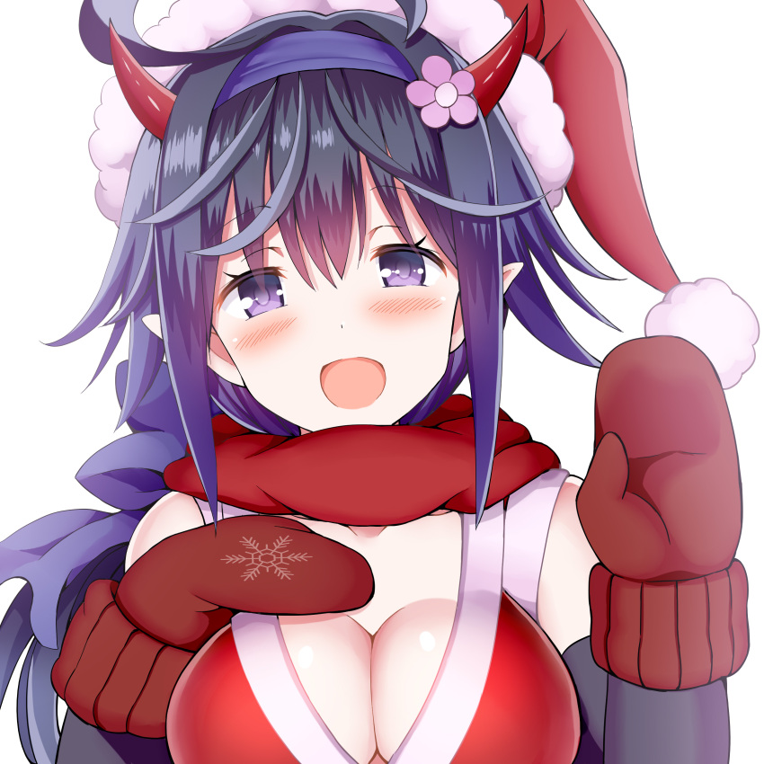 :d absurdres ahoge bare_shoulders black_hair black_sleeves blush bow breasts character_request chouhakai!!_barbarossa cleavage collarbone detached_sleeves female fur-trimmed_headwear fur_trim givuchoko gradient_hair hair_intakes hairband hairbow hands_up hat highres horns long_sleeves medium_breasts mittens multicolored_hair pointy_ears print_mittens purple_bow purple_eyes purple_hair purple_hairband red_headwear red_mittens red_scarf santa_hat scarf simple_background smile snowflake_print solo upper_body white_background