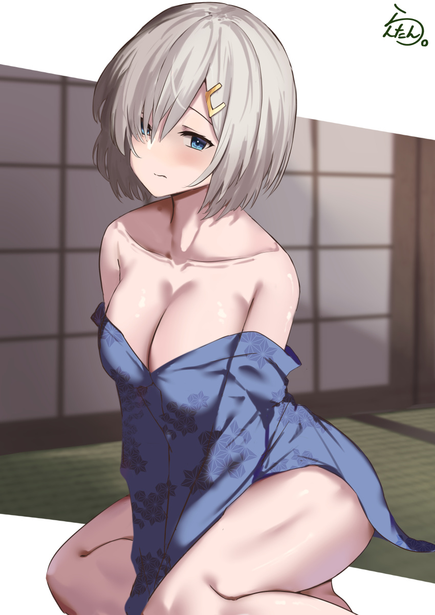 absurdres blue_eyes blue_kimono breasts female grey_hair hair_ornament hair_over_one_eye hairclip hamakaze_(kancolle) highres indoors japanese_clothes kantai_collection kimono lanthan large_breasts off_shoulder official_alternate_costume on_floor short_hair sliding_doors solo tatami yukata