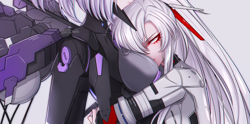 01pado_pado 2girls absurdres alpha_(punishing:_gray_raven) between_breasts blue_eyes breasts english_commentary face_between_breasts grey_hair grey_jacket hair_between_eyes head_between_breasts highres hug jacket joints large_breasts long_hair lucia:_crimson_weave_(punishing:_gray_raven) mechanical_arms mechanical_wings medium_hair multiple_girls punishing:_gray_raven robot_joints rosetta_(punishing:_gray_raven) sidelocks twitter_username wide_ponytail wings yuri