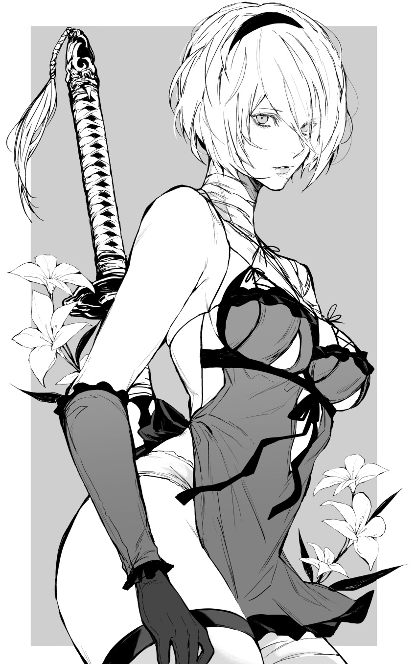 2b_(nier:automata) absurdres bandage_on_neck bandages bandaid bandaid_on_leg bare_shoulders breasts closed_mouth commentary_request cosplay female frills gloves grey_background greyscale hair_ornament hairband highres kaine_(nier) kaine_(nier)_(cosplay) lips looking_at_viewer medium_breasts mole mole_under_mouth monochrome negligee nier nier:automata nier_(series) nishiii26miii short_hair sleeveless thighhighs thighs weapon