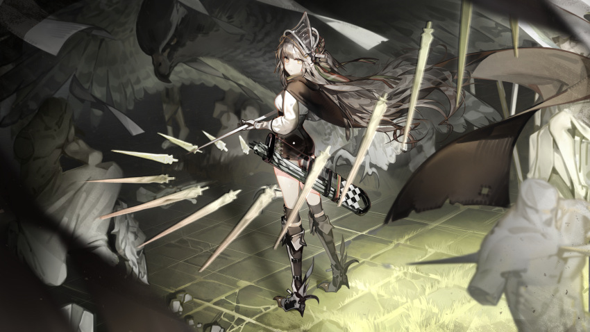 absurdres animal arknights armored_boots ass bird black_cape black_shorts black_thighhighs boots cape fartooth_(arknights) female from_behind full_body grey_hair high-waist_shorts highres long_hair long_sleeves looking_at_viewer looking_back oversized_animal ribiadan shirt shirt_tucked_in shorts solo standing statue thighhighs very_long_hair visor_(armor) visor_lift white_shirt wind yellow_eyes