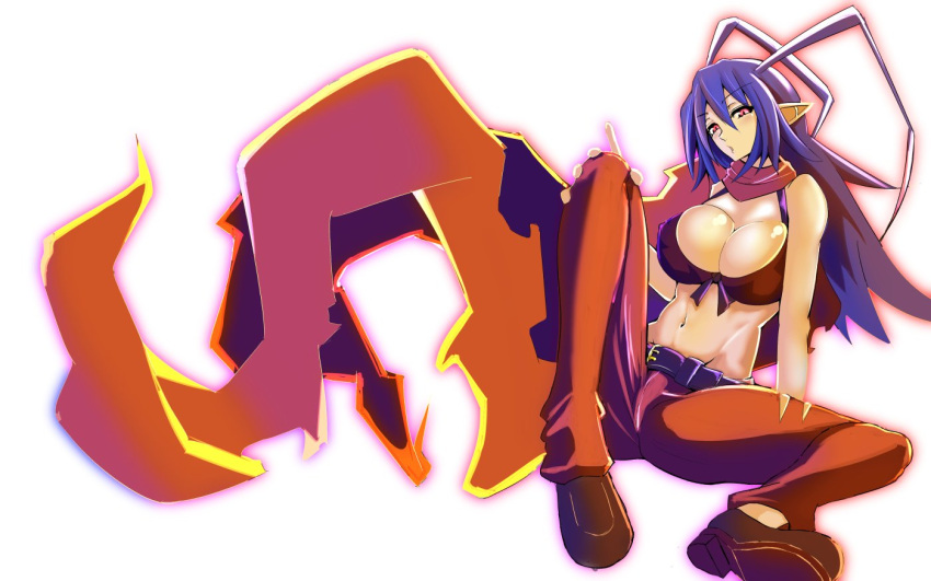 antenna_hair bare_shoulders belt bikini bikini_top_only blue_hair breasts cleavage demon_girl disgaea disgaea_d2 exa1018 female full_body genderswap_(mtf) hair_between_eyes huge_antenna_hair laharl laharl-chan large_breasts long_hair looking_at_viewer navel pants pointy_ears pursed_lips red_eyes red_pants red_scarf rule_63 scarf simple_background solo spiked_hair swimsuit torn_clothes torn_pants torn_scarf very_long_hair white_background