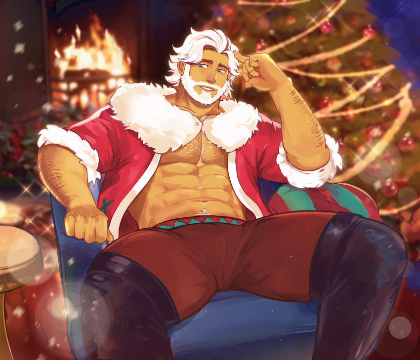 1boy abs arm_hair bara blue_eyes chest_hair christmas connected_beard cookie_run eggnog_cookie facial_hair feet_out_of_frame fur_trim hairy hat highres humanization large_pectorals looking_at_viewer male_focus mature_male moustache muscular muscular_male navel_hair open_clothes original pectoral_cleavage pectorals pushean red_hat santa_costume santa_hat short_hair sitting smile solo sparse_chest_hair spread_legs thick_eyebrows white_hair