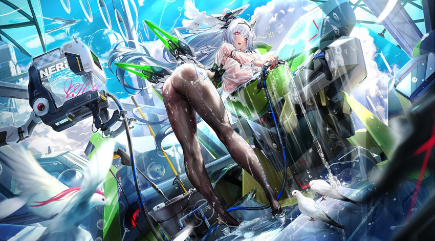 ass bent_over bird day dk.senie dutch_angle female full_body headgear long_hair original red_eyes science_fiction see-through see-through_shirt shirt solo very_long_hair water wet wet_clothes wet_shirt white_bird white_hair white_shirt