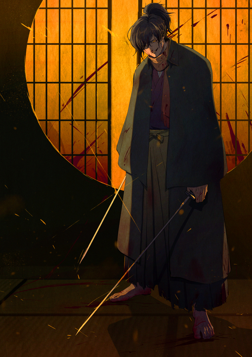 1boy absurdres barefoot beard_stubble black_hair blood blood_on_clothes blood_on_weapon blood_splatter bloody_handprints cloak commentary_request dual_wielding facial_hair fate/grand_order fate_(series) full_body glint green_hakama grin hair_over_one_eye hakama hakama_pants handprint high_ponytail highres holding holding_sword holding_weapon implied_murder indoors japanese_clothes katana kimono looking_at_viewer male_focus mizuna237 narrowed_eyes okada_izou_(fate) open_cloak open_clothes pants purple_kimono round_window scarf short_hair short_ponytail shouji sliding_doors smile solo standing stubble sword tatami weapon window yellow_eyes yellow_scarf