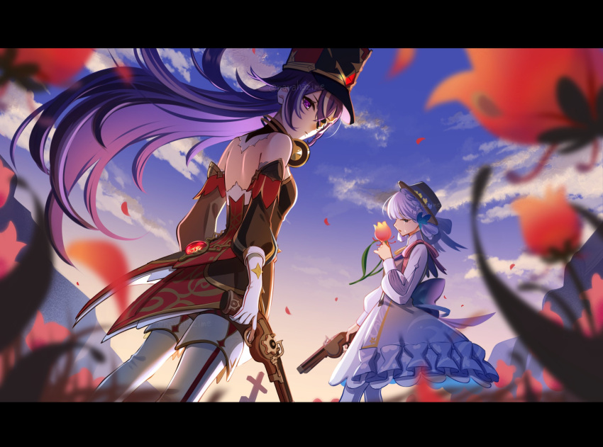 2girls antique_firearm backless_dress backless_outfit bare_back bare_shoulders blue_dress blue_hair blue_sky boots chevreuse_(genshin_impact) commentary_request cowboy_shot day dress earmuffs earmuffs_around_neck eyepatch flower genshin_impact gun handgun hat highres holding holding_flower holding_gun holding_weapon kamisato_ayaka letterboxed long_hair long_sleeves looking_at_viewer mole mole_under_mouth multiple_girls narahazime outdoors purple_eyes purple_hair red_dress shako_cap sky standing strapless strapless_dress thigh_boots very_long_hair weapon white_footwear