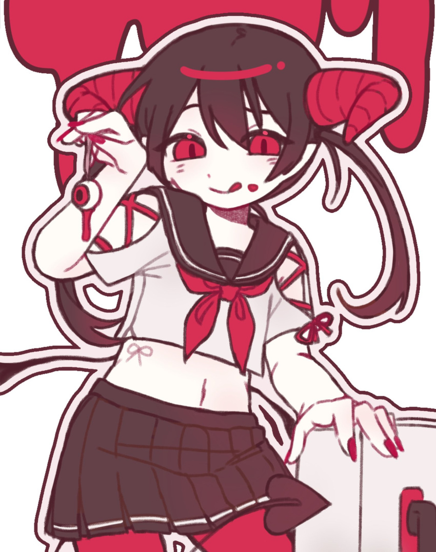 :q akuma_!_(synthesizer_v) black_sailor_collar black_skirt blood blood_drip blood_on_face blush cai_(cabbage_0j0) chinese_commentary closed_mouth clothing_cutout commentary_request cowboy_shot cropped_shirt demon_girl demon_horns demon_tail female fingernails hand_up highres holding_eyeball horns iyowa_girls licking_lips long_hair looking_at_viewer midriff navel outline pantyhose pleated_skirt pointy_ears raised_eyebrow red_eyes red_nails red_pantyhose sailor_collar school_uniform serafuku sharp_fingernails shirt short_sleeves shoulder_cutout simple_background skirt slit_pupils smile solo standing synthesizer_v tail tongue tongue_out twintails white_background white_shirt