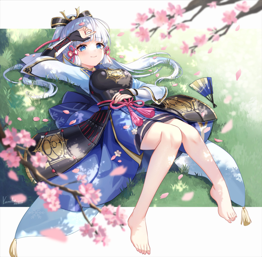 absurdres arm_guards arm_up armor armored_dress bare_legs barefoot blue_eyes blue_hair blunt_bangs blunt_tresses blurry blurry_foreground blush breastplate breasts cherry_blossoms closed_mouth commentary_request depth_of_field eyelashes feet female flower_knot folding_fan genshin_impact grass hair_ornament hair_ribbon hand_fan highres japanese_armor japanese_clothes kamisato_ayaka kamisato_clan_(emblem) knees_together_feet_apart knees_up lalazyt large_breasts legs light_blue_hair long_hair looking_at_viewer on_ground outdoors ponytail ribbon signature smile solo tassel toenails toes tress_ribbon