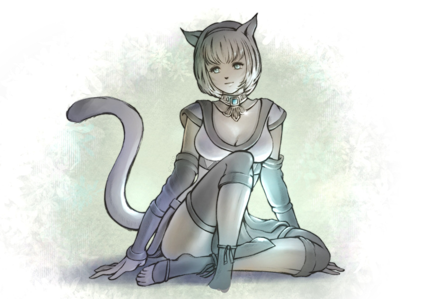 adventurer_(ff11) animal_ears blonde_hair blue_eyes breasts cat_ears cat_girl cat_tail cleavage closed_mouth detached_sleeves facial_mark female final_fantasy final_fantasy_xi hairband highres long_sleeves medium_breasts mithra_(ff11) piyoco short_hair sitting solo tail tail_raised toeless_legwear whisker_markings