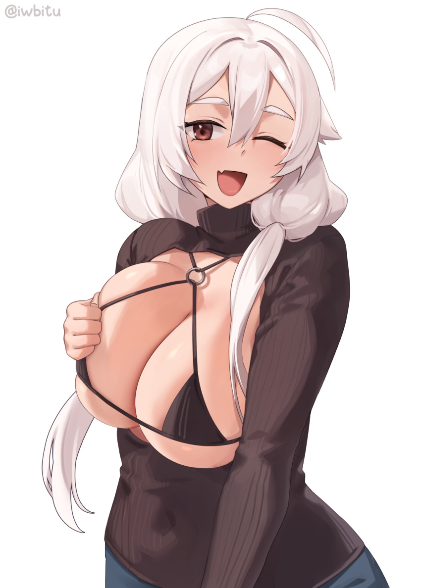 ;d bikini black_bikini breasts brown_sweater english_commentary female hair_between_eyes highres iwbitu large_breasts long_hair long_sleeves looking_at_viewer nyopu o-ring o-ring_bikini oerba_yun_fang one_eye_closed original simple_background skin_fang smile solo sweater swimsuit turtleneck turtleneck_sweater twitter_username white_background white_hair