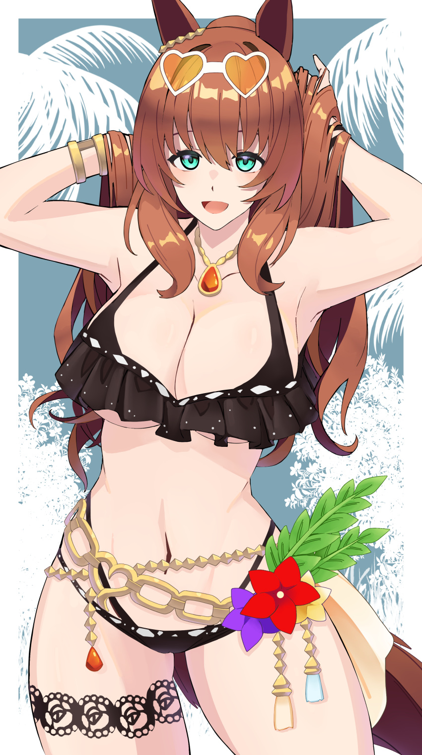 absurdres animal_ears aqua_eyes armpits bikini black_bikini blue_background border bracelet breasts chains cleavage collarbone commentary contrapposto cowboy_shot ear_ornament female frilled_bikini frills highres horse_ears horse_girl horse_tail jewelry large_breasts maruzensky_(blasting_off_summer_night)_(umamusume) maruzensky_(umamusume) navel necklace official_alternate_costume open_mouth reibun_(raven1119) smile solo swimsuit tail thigh_strap two-tone_background umamusume underboob white_background white_border